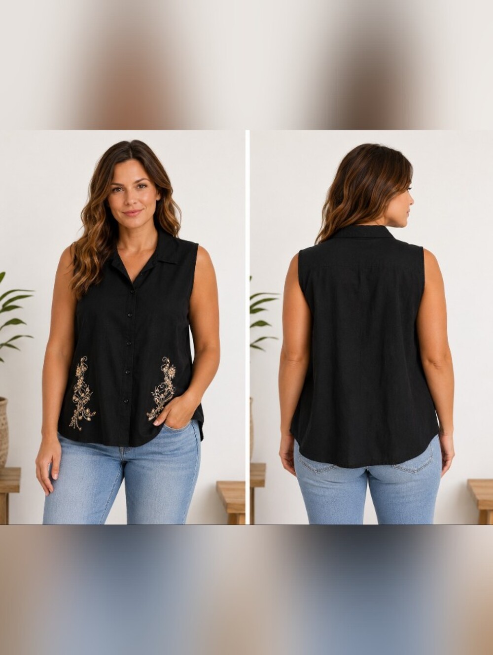 jane ashley woman black embroidered beaded sleeveless button front blouse top 2x